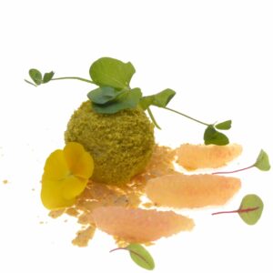Cromesquis d'avocat et crevettes, pistache et suprême d'agrumes